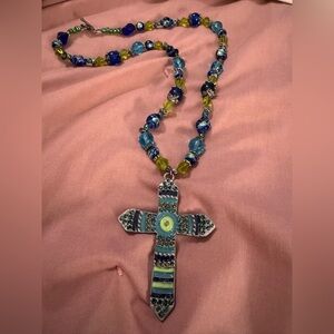 Blue and Green Beaded Cross Necklace
